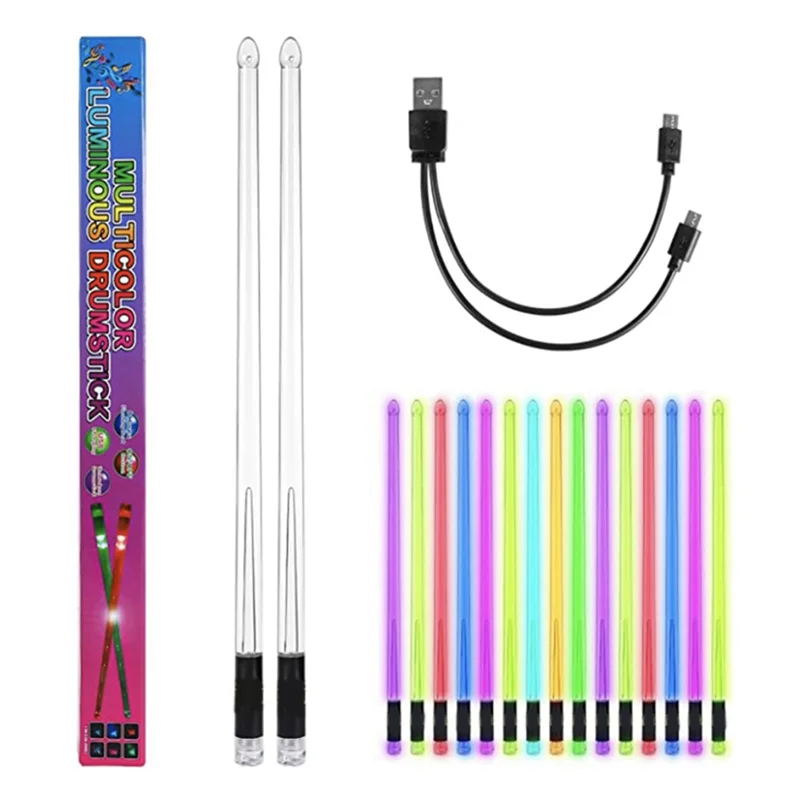 LED 발광 드럼스틱, 그라데이션 USB 충전식, 스위치 전자 드럼스틱, 무대 공연용, 15 색