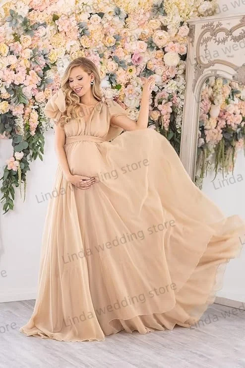 Chocolate Chiffon Maternity Dress for Photography Off Shoulder Pregnant Photoshoot Robe Photo Dresses Baby Shower