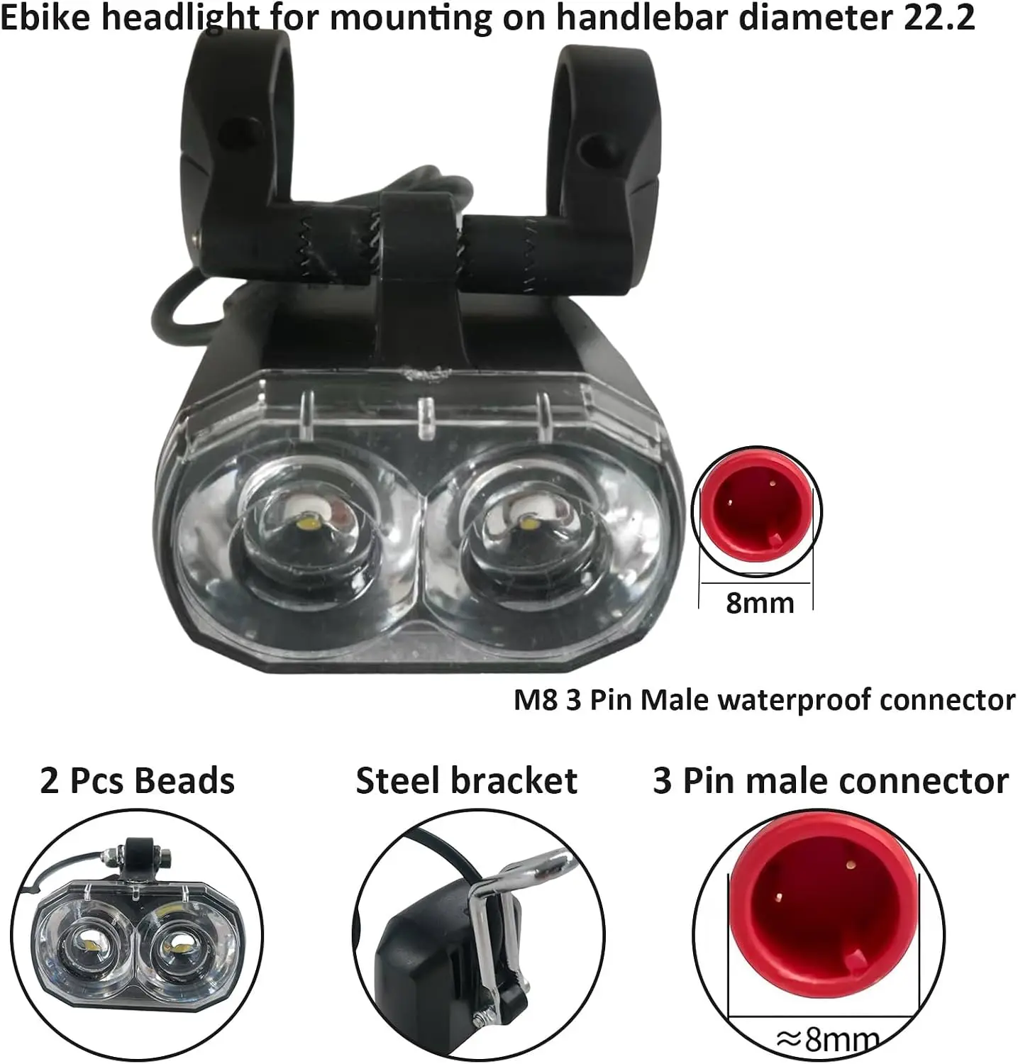 24-60V 방수 LED 전기자전거 헤드라이트(혼 포함), 2/3핀 남성/여성 플러그, 핸들바 장착 디자인