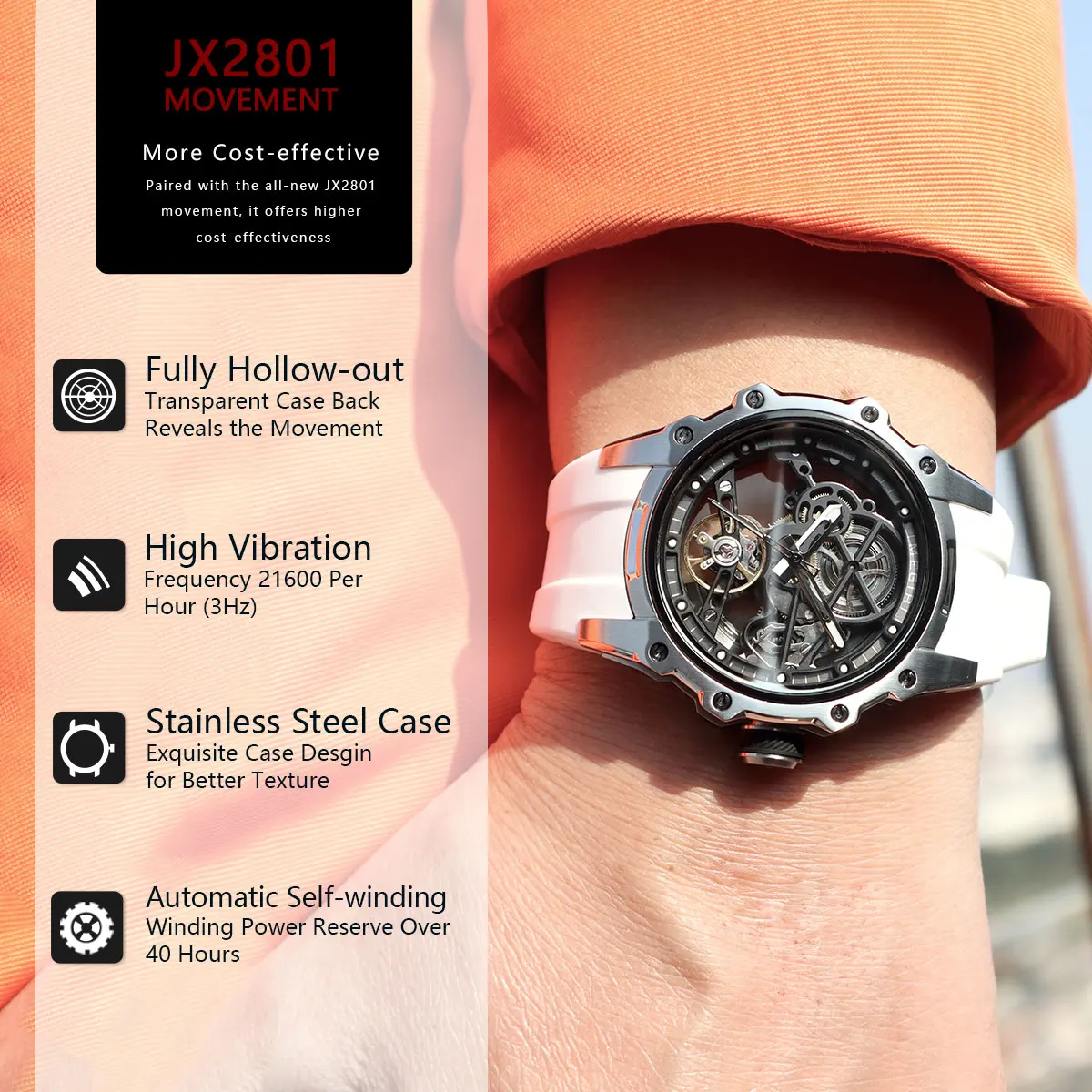 MEGIR Automatic Mechanical Sport Watch for Men Fashion Waterproof Luminous Wristwatch with Silicone Strap SKeleton Dial 2243 - 5