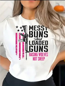 Rifle & American Flag  T-Shirt for Women - Messy Buns Loaded Guns