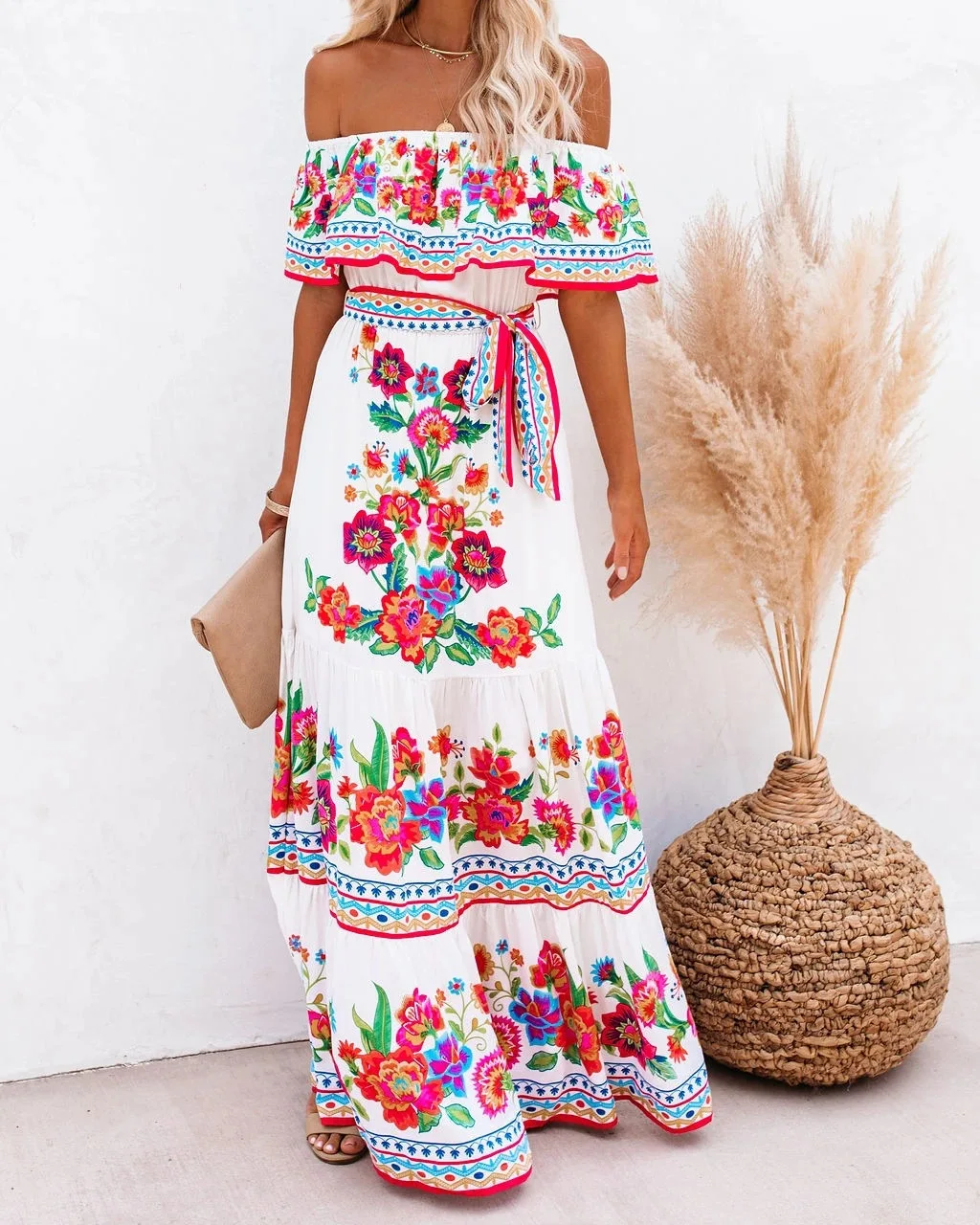 Flower Print Off Shoulder Long Dresses For Women Spring Summer New Fashion Temperament High Waist Leace-up Dress Female Vestidos 15 undefined