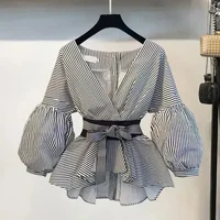 Women Elegant V-Neck Stripe Office Lady Suit Lantern Sleeve Bow Belt Trend Slim Casual Chiffon Shirt Top And Korean Ripped Jeans - Image 5