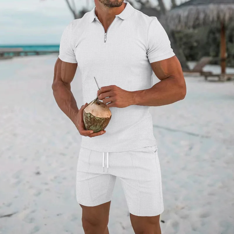 T-shirt Men's European and American Men's Short Sleeved Shorts Set Summer Solid Color Casual Loose Half Zippered Lapel