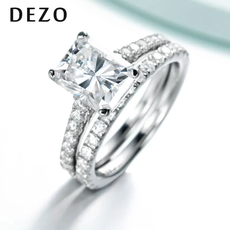 

DEZO 3.0ct All Moissanite S925 Silver Wedding Ring Sets for Women Main Stone Radiant Cut D Color GRA Certificate
