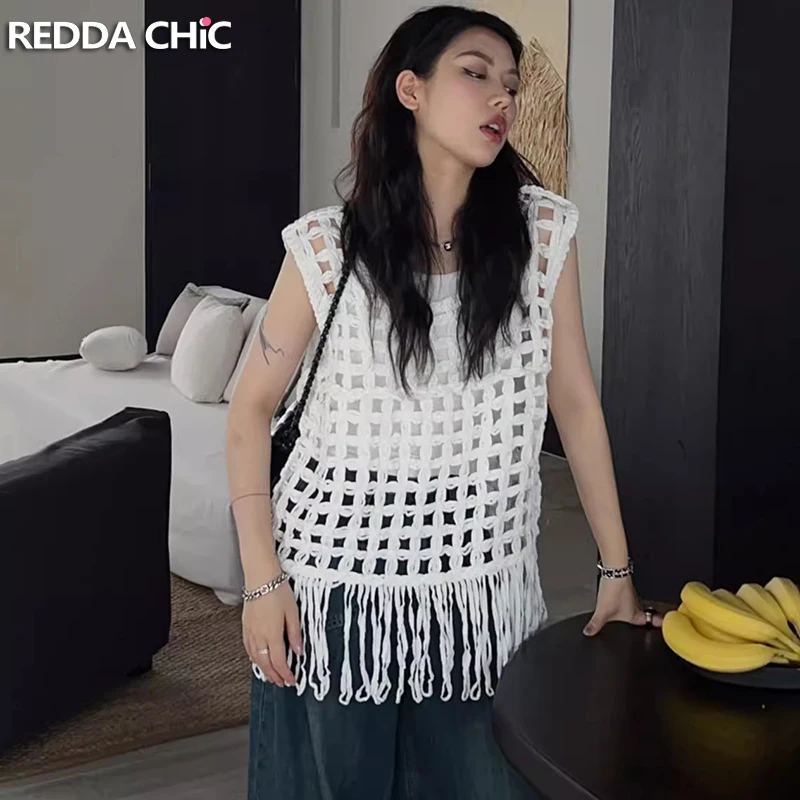 

ReddaChic Summer Layered See Through Tank Top Women Bohemia Crochet Fringe O-neck Sleeveless Vest Beach Casual Korean Clothes