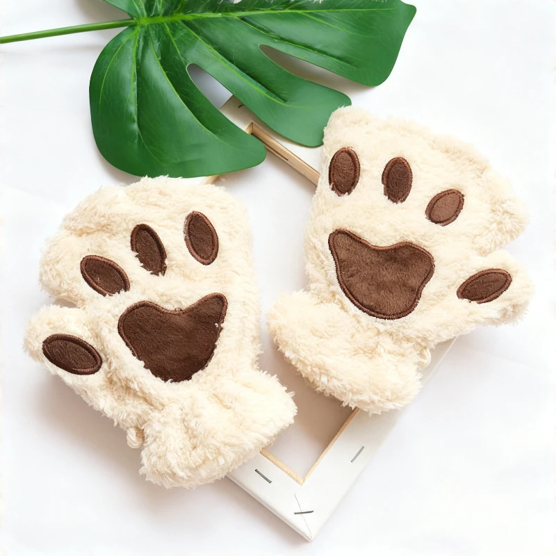 Lovely Plush Cat Claw Paw Gloves Plush Mittens Warm Plush Soft Short Fingerless Fluffy Bear Gloves Costume Half Finger Gloves