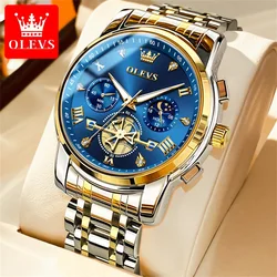 Luxury Moon Phase Quartz Chronograph Watch for Men - Flywheel Design, Waterproof, Luminous, with Calendar (Gold Blue)
