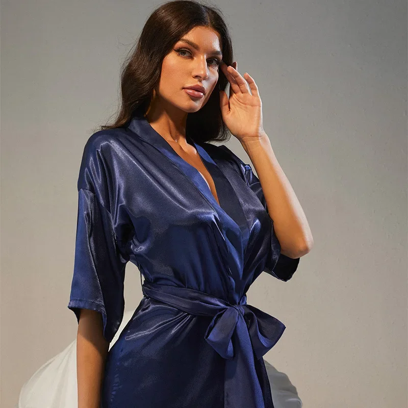 Sexy Ice Silk Pajamas Women's Dressing Gown Half Sleeve Bathrobe Female Loose Robes V-Neck Women's Nightwear with Sashes 2023