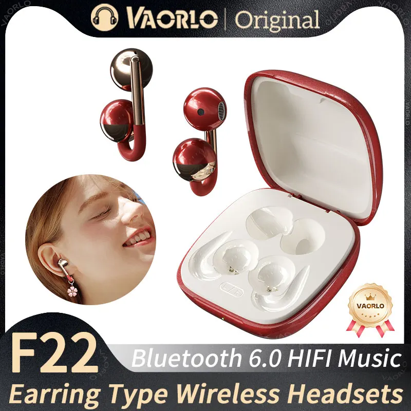 VAORLO F22-B OWS Ear-Clip HiFi Wireless Earphone Fashion Earring Type Bluetooth 6.0 TWS Headsets Touch Control Sport Personalized Earbuds Mic