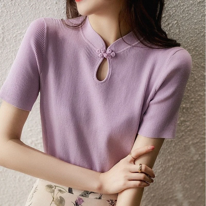 

Boring Honey Summer Fashion Chinoiserie Coil Buckle Design All Match Thin Tops Women Solid Knitting Short Sleeves T-Shirt Women