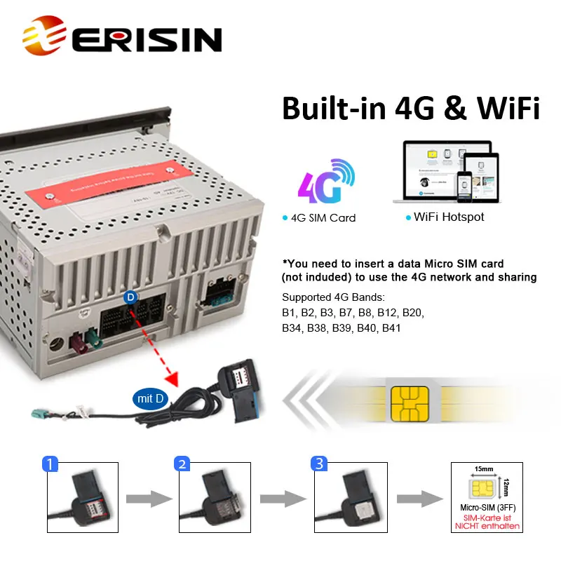 Erisin 안드로이드 12.0 오토라디오 GPS 내비게이션, 아우디 A4 S4 RS4 B9 B7 시트 EXEO 무선 카플레이, 자동 4G WiFi BT DSP, ES8938A, 8 코어