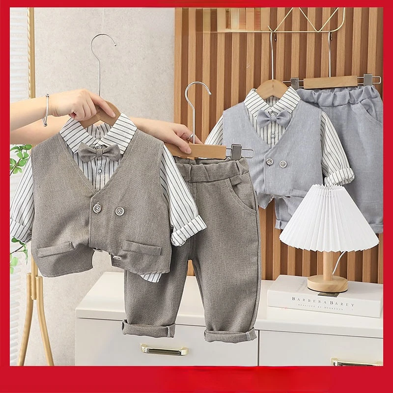 

1-4 Years Old Toddler Christening Outfit for Baby Boy Kids Stripe Long Sleeve Polo Shirt Boys' Double Breasted Gentleman Suit