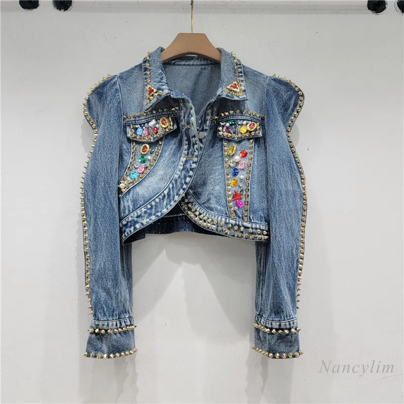 

Super Fashion Short Denim Jackets Women Slimming Wavy Puff Sleeve Denim Coat Heavy Industry Rhinestone Rivet Coat High Waist Top