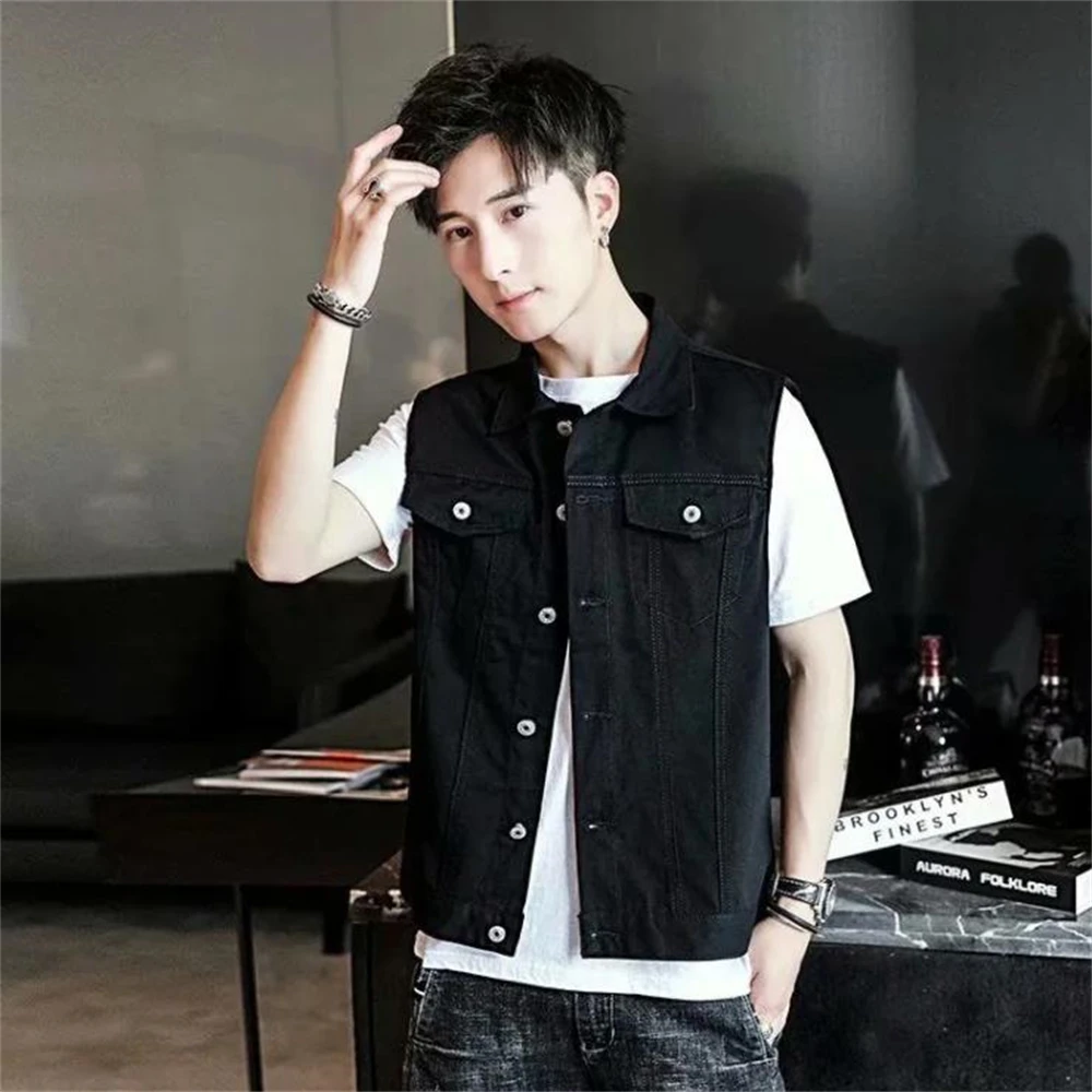 데님 민소매 조끼, 캐주얼 스트리트 슬림 코튼 카우보이 재킷, 편안한 청바지 탑, 용수철 여름 남성 패션