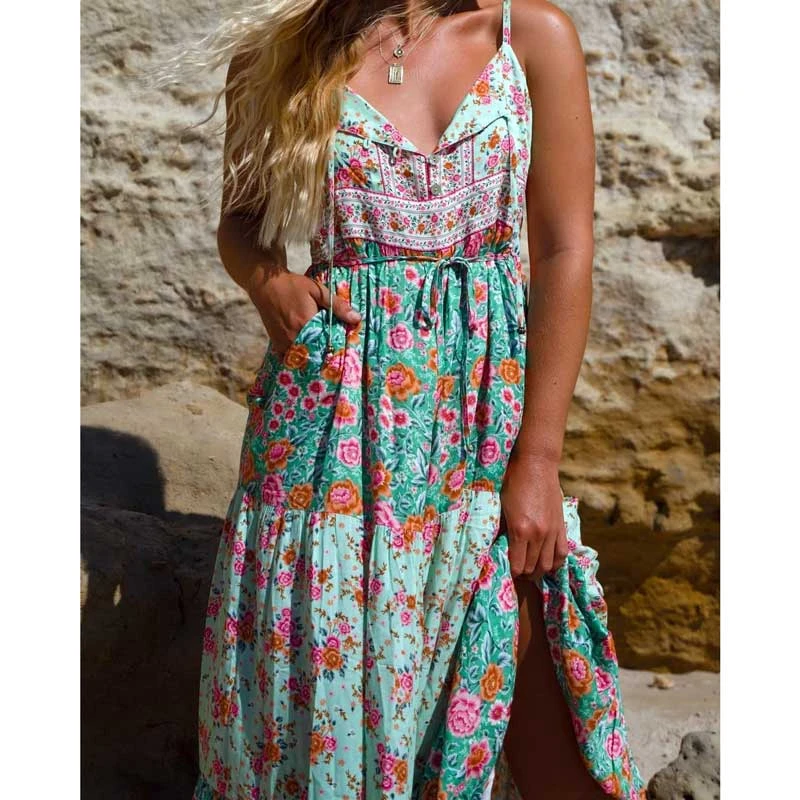 BOHO INSPIRED Vestido largo de verano con estampado floral para mujer, traje  largo sin mangas con tirantes, para playa, 2022|Vestidos| - AliExpress