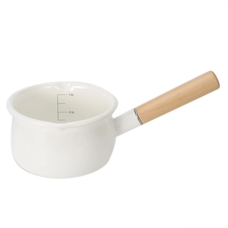 

New Enamel Milk Pot Wooden Handle Gas Stove Induction Cooker Baby Breakfast Milk Coffee Pot Cookware Single Handle Pan