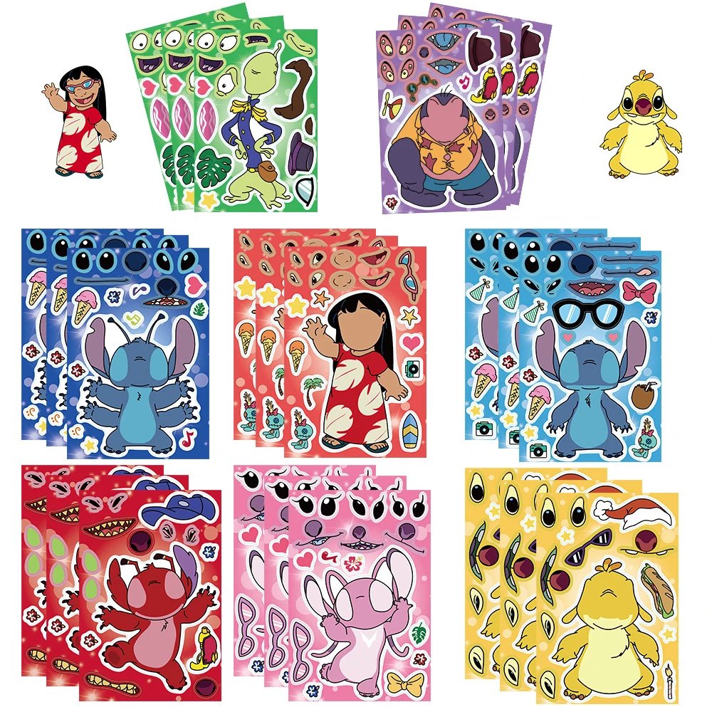 8/16Sheets Disney Lilo & Stitch Puzzle Stickers Game Make-a-Face Kids DIY Jigsaw Children Educational Toys Cartoon Decals Gift