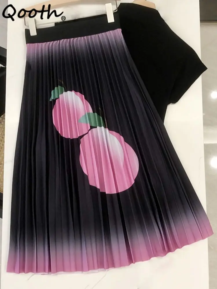 

Qooth Women Fruit Printed Mesh Skirt Elegant High Waist Mid-length Butterfly Tulle A-line Skirt For Spring Summer QT2124