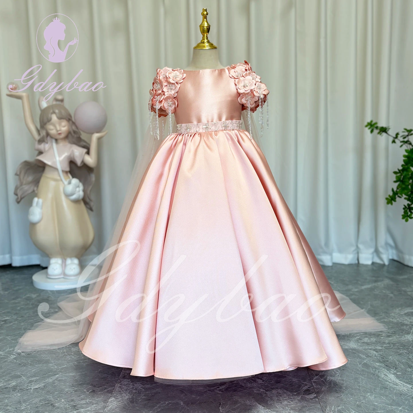 Pink Cloak Sleeves Flower Girl Dresses Pageant Gown for Wedding 3D Flower Appliques Elegant Birthday Party First Communion Gown