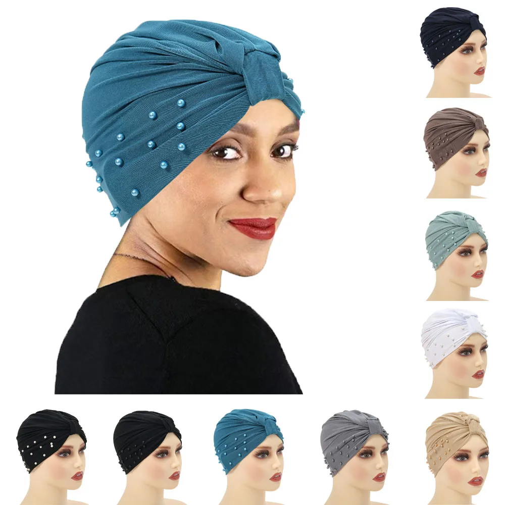 

Indian Beaded Turban Knot Beanie Women Cancer Chemo Cap Muslim Inner Hat Islamic Hair Loss Headscarf Bonnet Stretch Underscarf