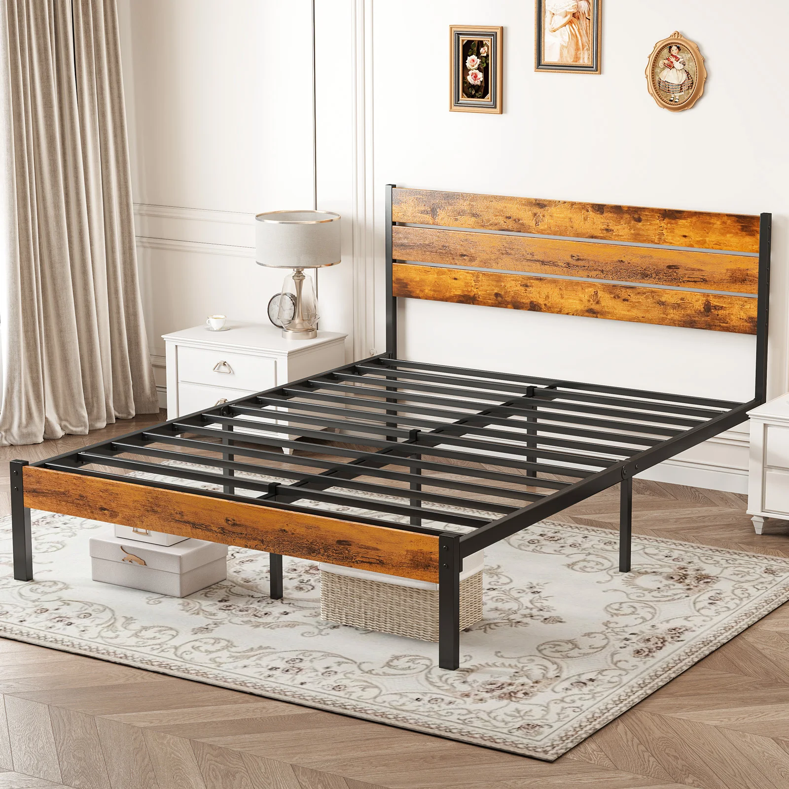 metal bed frame with wooden headboard