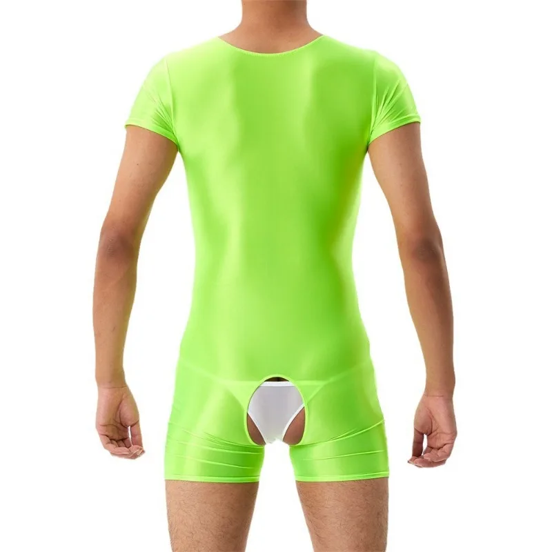 Onesie Glossy Satin Playsuit Romper Men Pajama Open Crotch Slim Fit See Through Short Sleeve Men's Jumpsuit Sexy Sheer Sleepwear