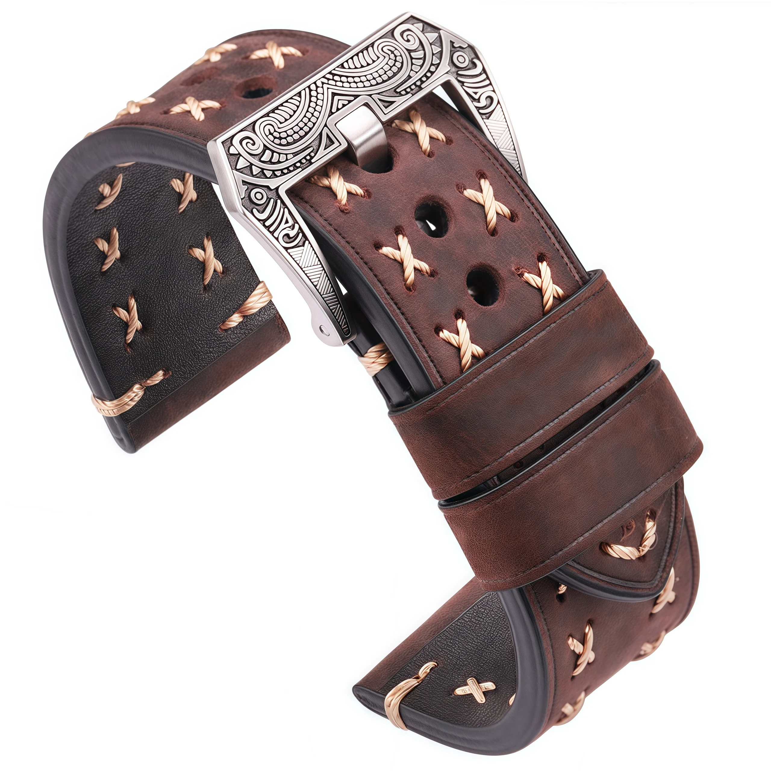 Handmade Genuine Leather Watchband with Retro Stainless Steel Buckle