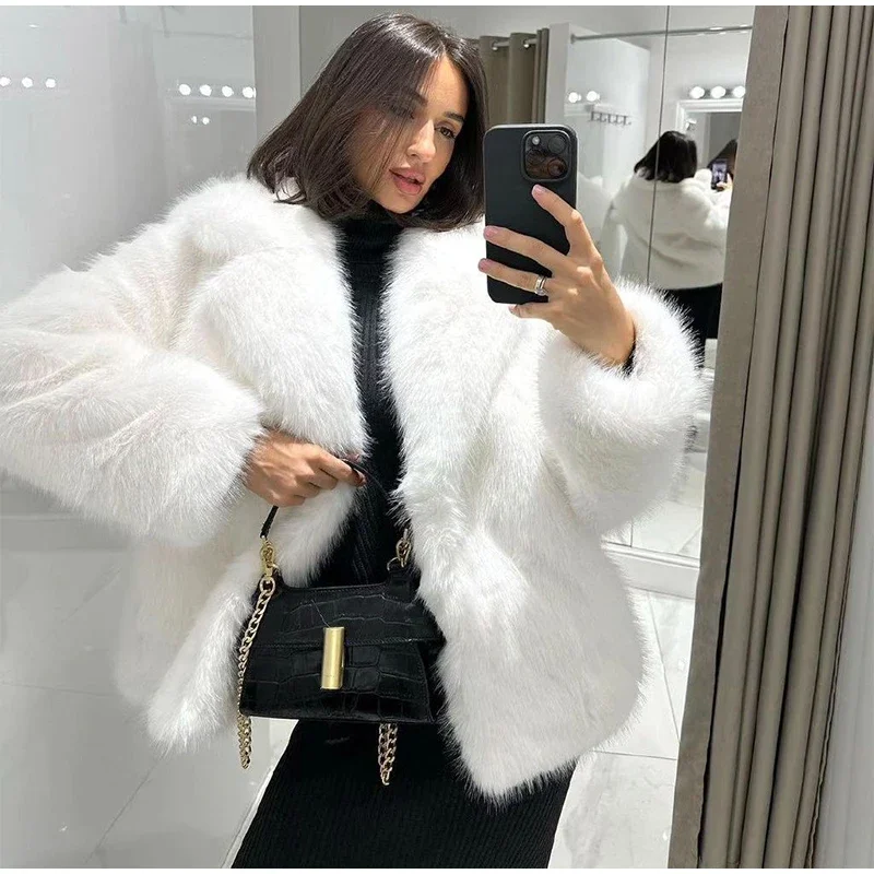 Fluffy Faux Fur Coat Women Elegant Loose Lapel Plush Long Sleeve Buckle Thick Jacket Autumn Winter Solid Warm Overcoat New
