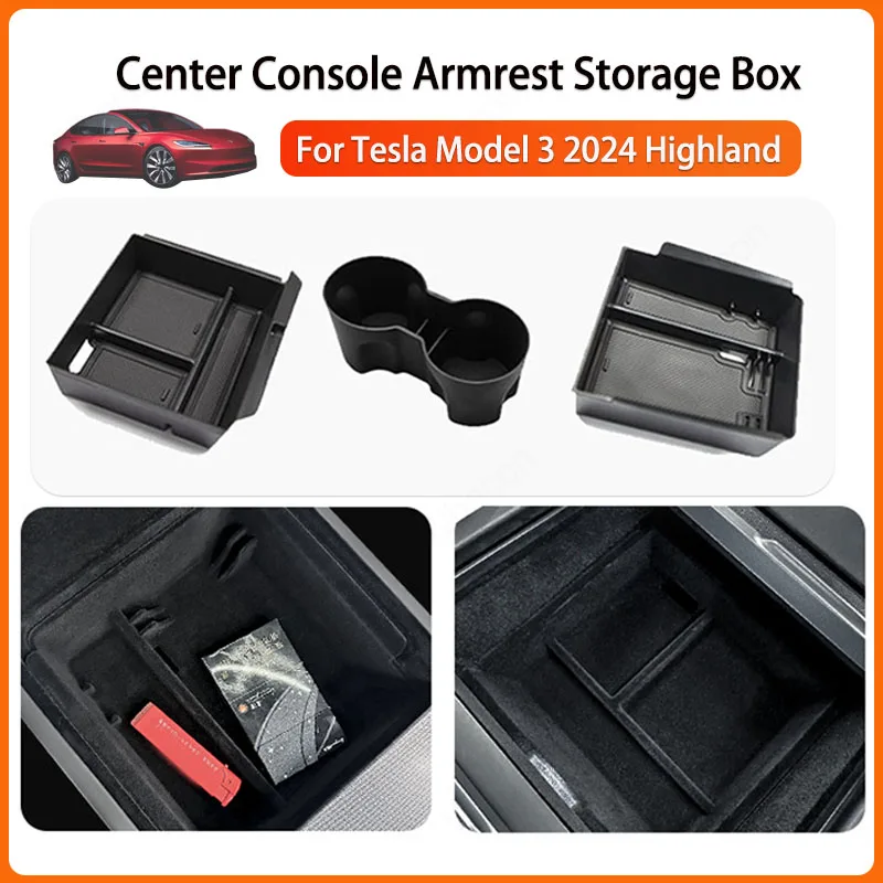 

For Tesla Model 3 Highland 2024 Center Console Armrest Storage Box Organizer Central Flocking ABS For Tesla Model 3+ Accessories
