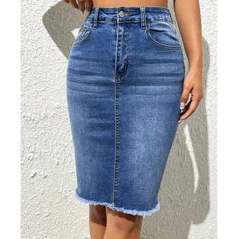  Women High Waist Denim Skirts Ladies Stretch Jeans Knee Length Casual Bodycon Skirt 1