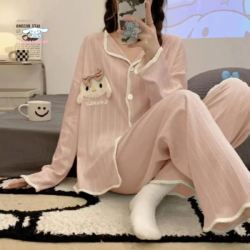 

Cute MINISO Cinnamoroll Women's Pajamas Set Full Sleeve Tops Autumn Sleepwear 2Piece/set Big Size Cozy Sweet Bow Plaid Homewear