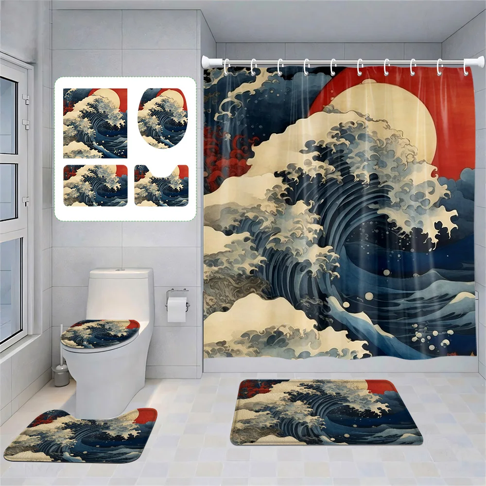 Japanese Style Retro Landscape Shower Curtain Bathroom Partition Curtain  bathroom set with shower curtain and rugs 4
