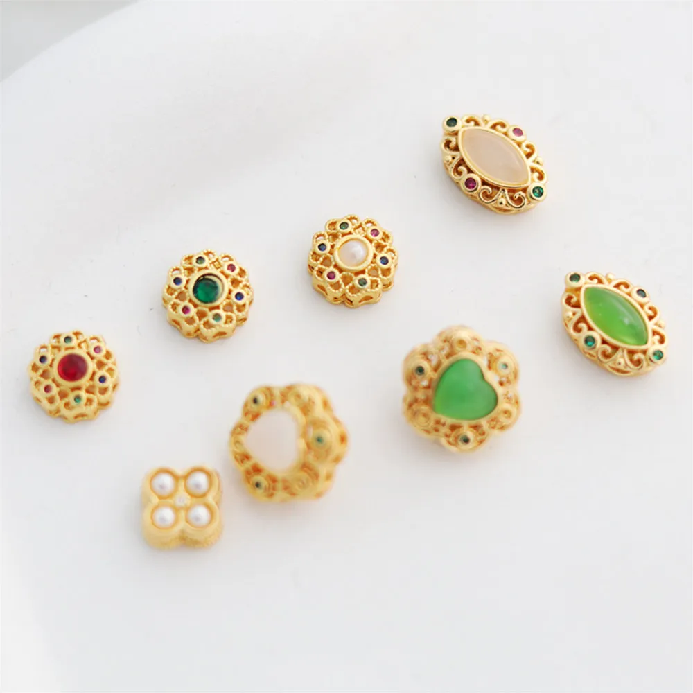 

18K gold coated dumb gold hollowed-out 11mm zircon shell bead flat bead through-hole diy bead chain accessory