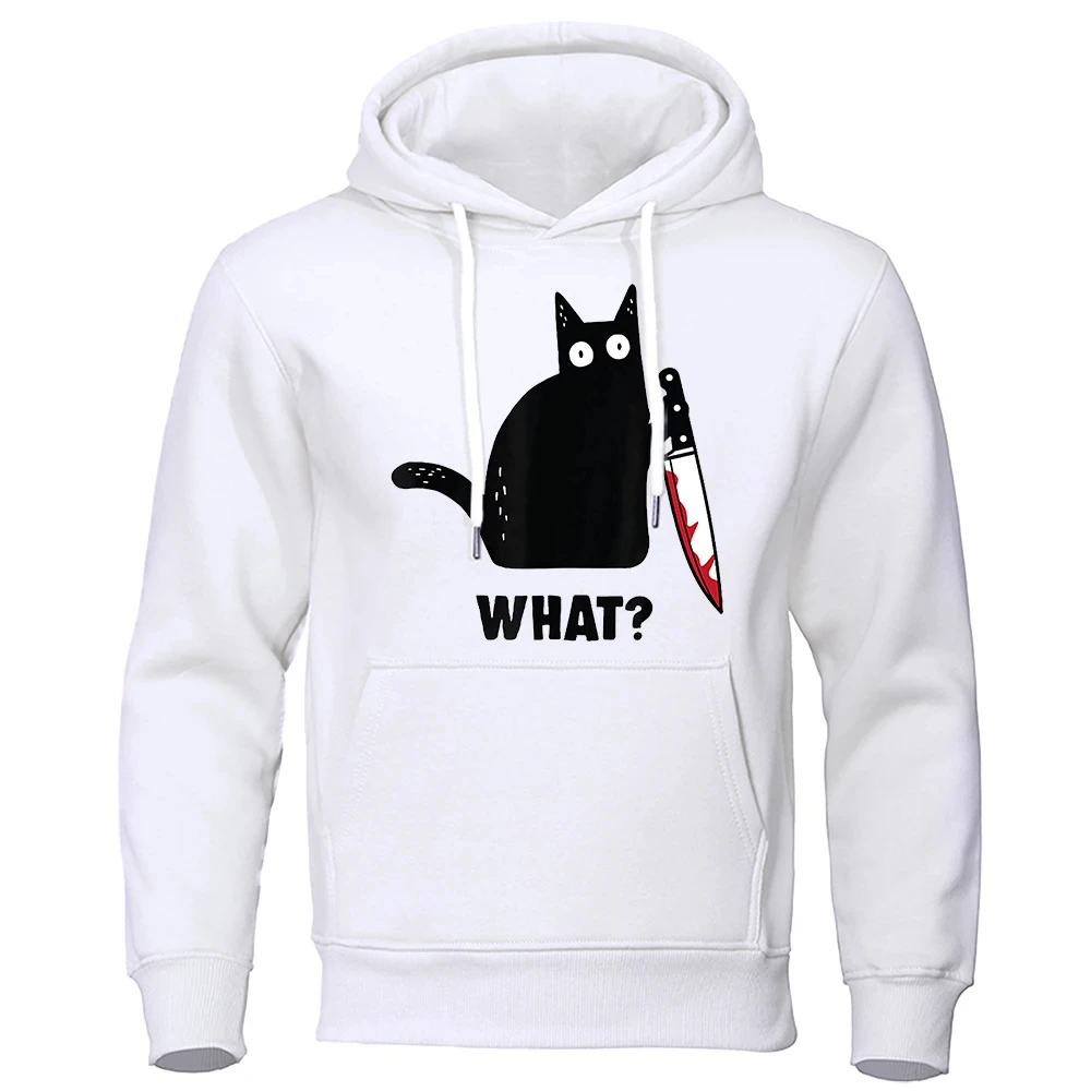 

Autumn Winter Man Hoodies What Black Cat With Dagger Print Pullover Hoody Woman Sweatshirt Unisex Streetwear y2k Style Clothing