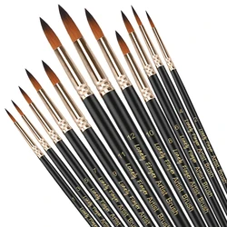 Professional 12-Piece Paint Brush Set with Round Pointed Nylon Tips for Versatile Painting Techniques (12pcs Black Round)