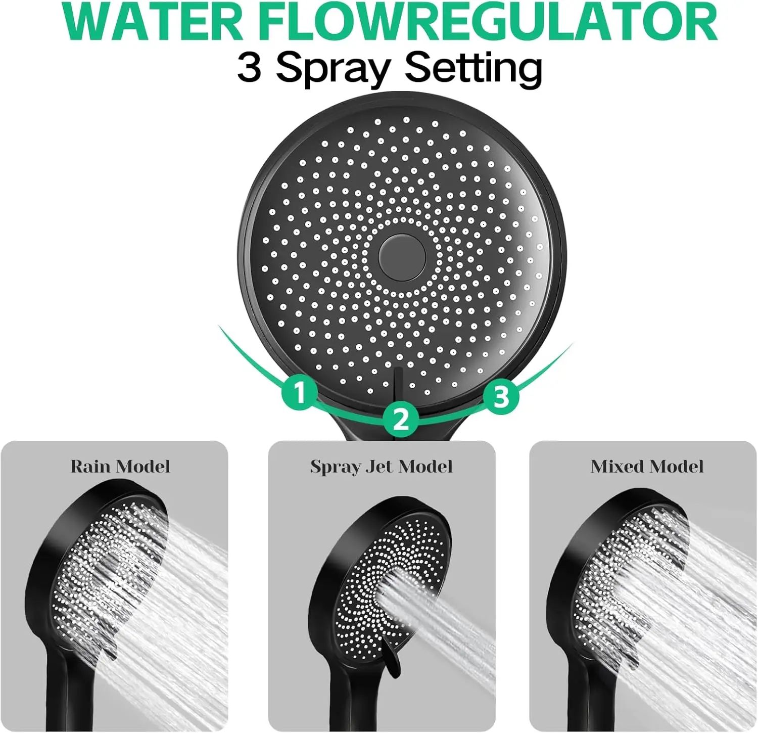 Hand-held spray combination and adjustable extension arm / 3-way flow regulator/shower system, high pressure rain hose 4