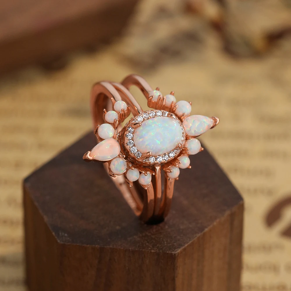 

925 Silver White Opal Ring Set Women Retro Oval Ring Female Shiny 5A Zircon Design Plating Rose Gold Luxury Jewelry Girl Holiday