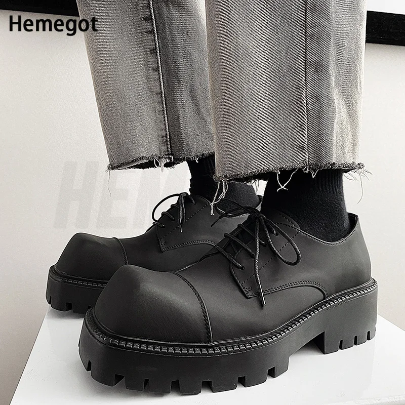 Square Toe Lace Up Thick Bottom Heightened Men's Shoes Leather Shoes New Personality Niche Leather Casual Leather Shoes Male