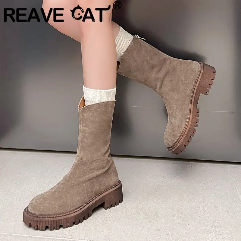 

Женские полусапожки в западном стиле REAVE CAT, повседневные полусапожки из натуральной коровьей кожи на толстом каблуке 5 см с застежкой-молнией, большие размеры 41 42 43