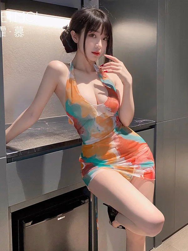 

Halo Dyeing Dyed Printed Wrapped Hip Underwear Summer Sexy Naked Back Dress Hanging Neck Style Deep U-neck Slim Fit Waist TOYD