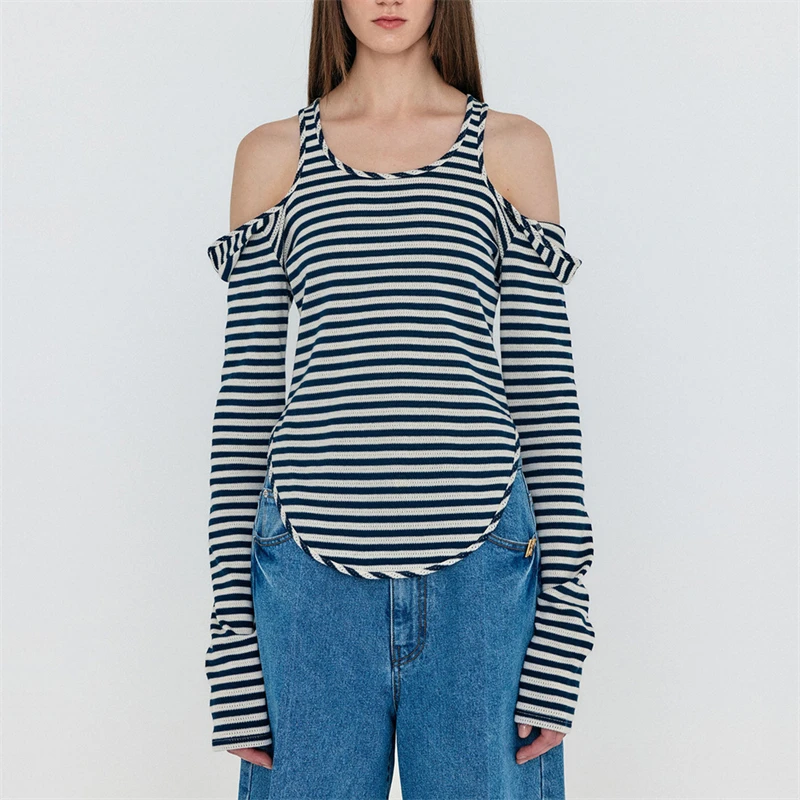 

EENK striped long-sleeved T-shirt 2023 autumn new temperament Slim hollow strapless knitted bottoming shirt Slim tops female