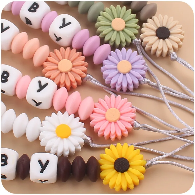 Personalize Silicone Letters Name Baby Daisy Flower Silicone Bead Pendant Pacifier Clips Chains Holder Teether Birthday Gifts