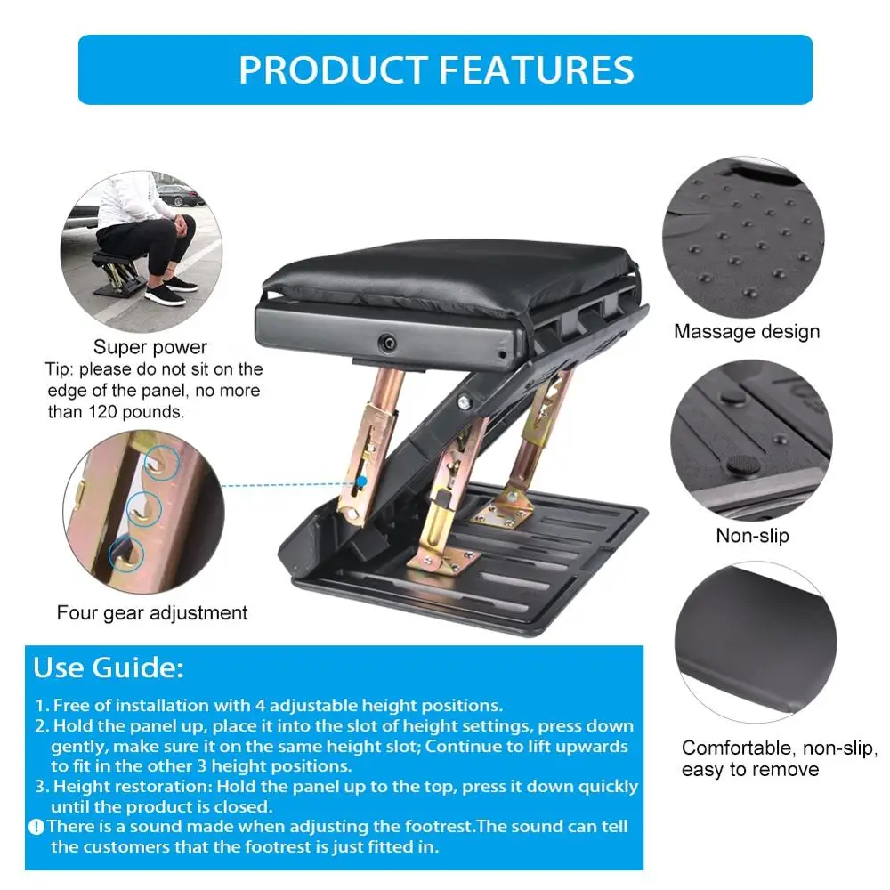 Adjustable Max-load 120lbs Footrest With Removable Soft Foot Rest Pad Stool For Car Under Desk Home Train 4-level Height Adjust
