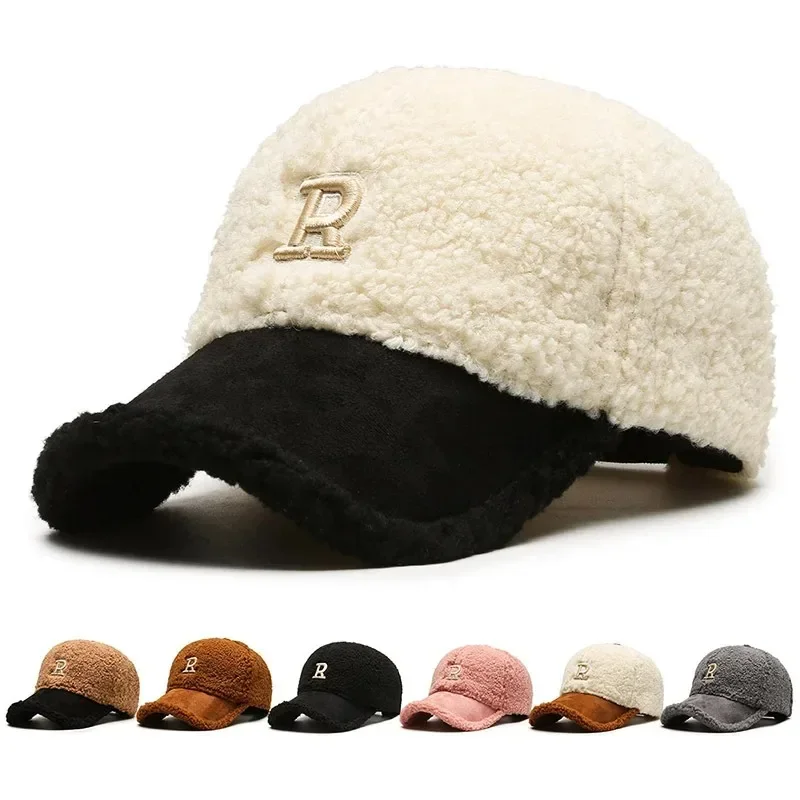 

2023 Trendy Big Letter Embroidery Men Winter Hats White Brown Lambswool Baseball Cap For Women Warm Plush Trucker Hats Gorras 모자