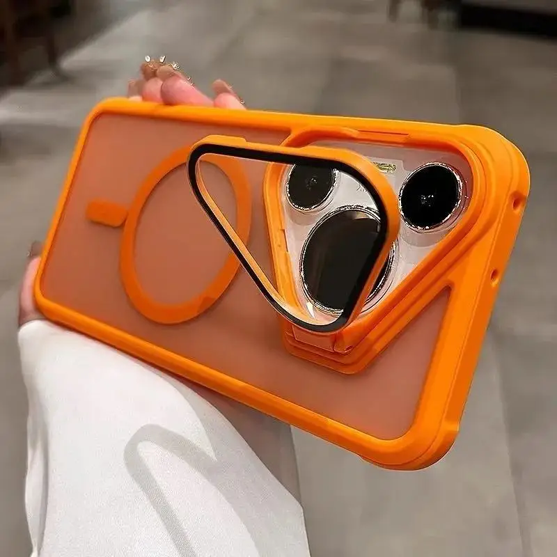 Magnetic Matte Transparent Acrylic Phone Case with Camera Protection and Stand