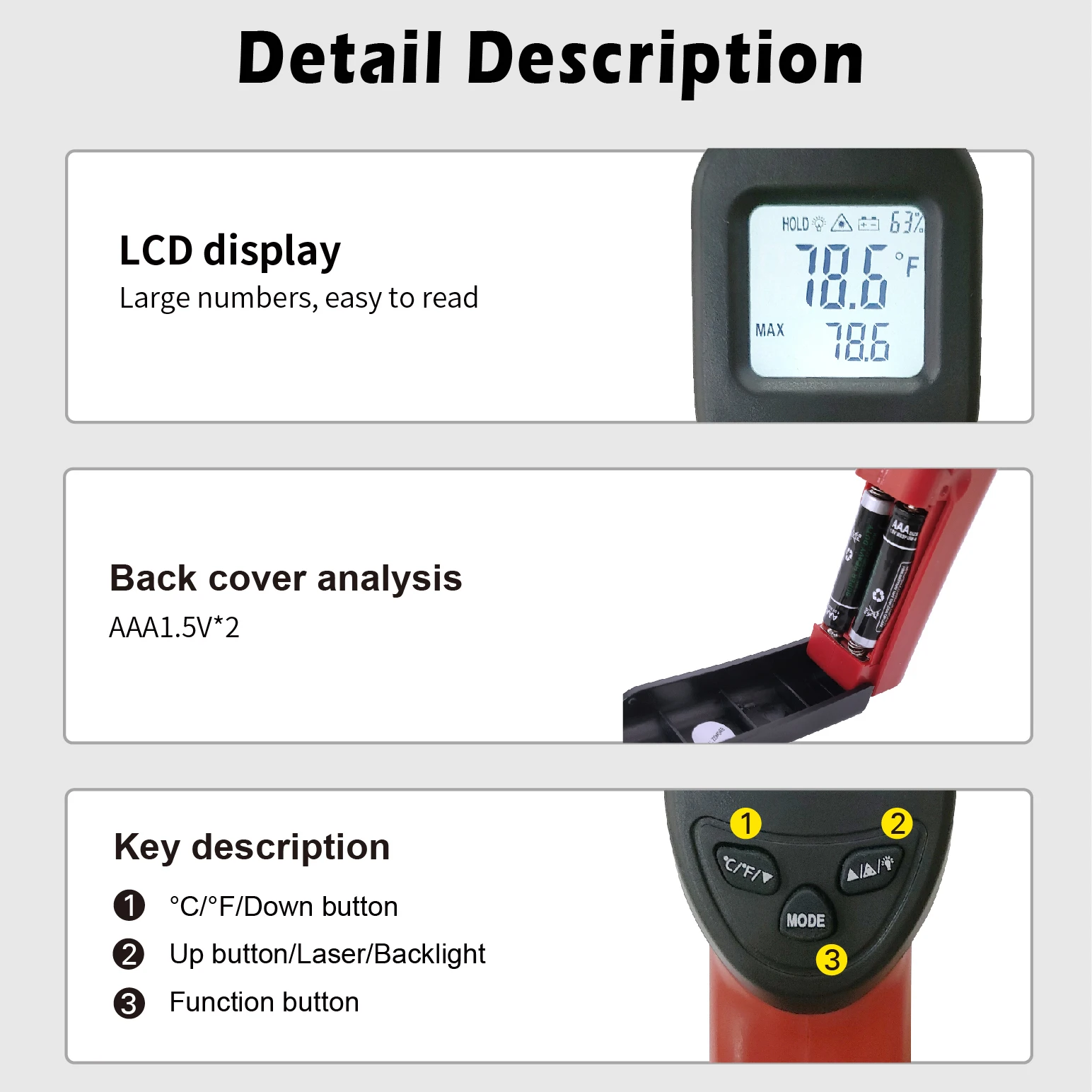 Infrared Temperature Meter Digital Thermometer Non-contact industrial Infrared Laser LCD Color Screen Kitchen Thermometer Temperature Gun Tester-50-380