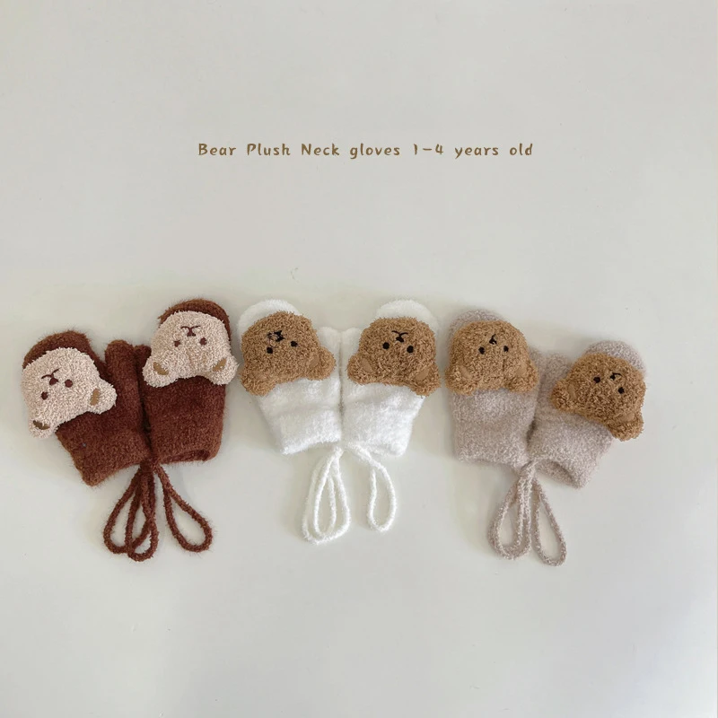 1-4Y Cartoon Bear Baby Mittens Winter Warm Kids Baby Girl Gloves Knitted Children Toddler Thick Mitten