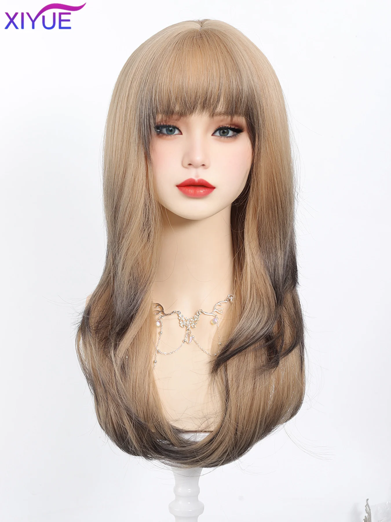 Platinum Blonde Ombre Long Synthetic Wigs with Bangs Straight Layered Cosplay Party Wigs for Women Natural Hair Heat Resistant