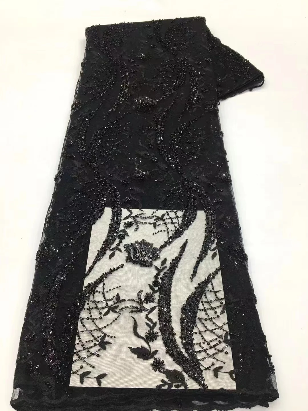 

Black Nigerian Lace Fabrics African Lace Fabric 2023 High Quality Lace Sequins Beaded French Lace Fabric For Dress Sewing